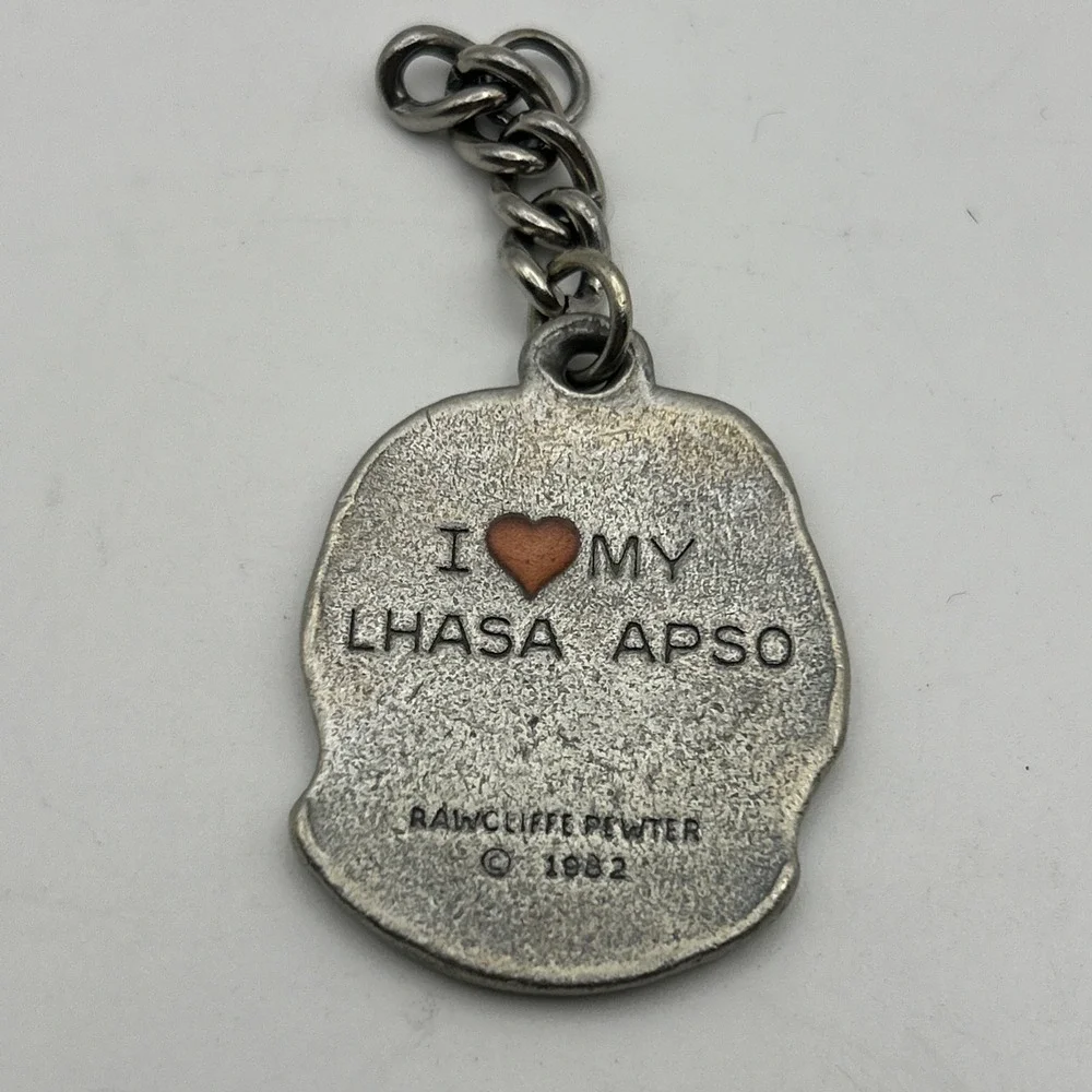 Vtg 1982 Rawcliff Pewter‎ Dog Keychain I Love My Lhasa Apso Silver Tone USA Made